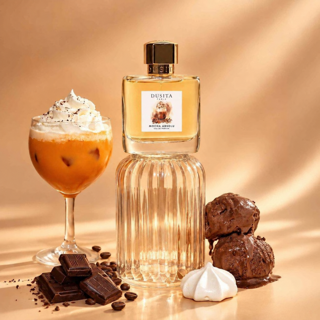 Mocha Absolu bottle on a ribbed glass display beside an iced drink and chocolate dessert