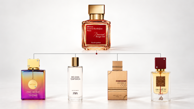 Perfume dupes family tree with Baccarat Rouge 540 and affordable fragrance alternatives