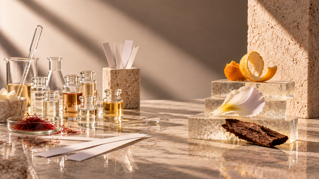 Laboratory vials and perfume blotters beside a simplified fragrance pyramid
