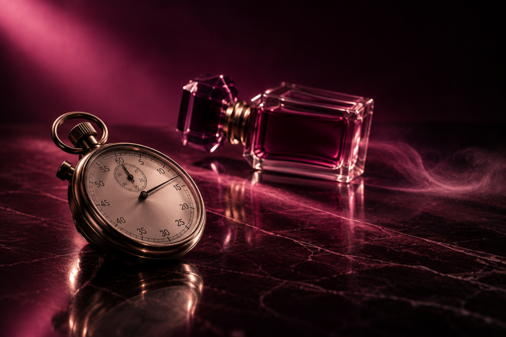 Vintage stopwatch beside an unbranded perfume bo