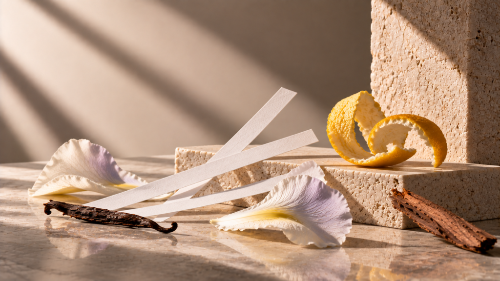 Perfume blotters with citrus peel, iris petals, vanilla and wood