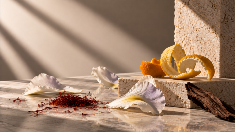 Perfume notes represented by citrus peel, iris petals, saffron and vanilla