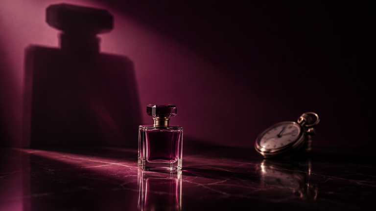 Perfume performance represented by a bottle casting an exaggerated shadow beside a stopwatch