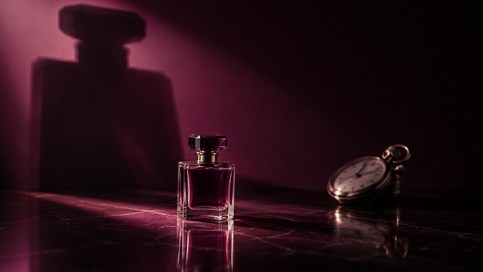 Perfume performance represented by a bottle casting an exaggerated shadow beside a stopwatch