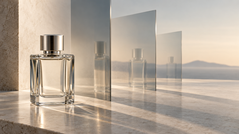 Perfume bottle reflected in mirrors, illustrating projection and sillage