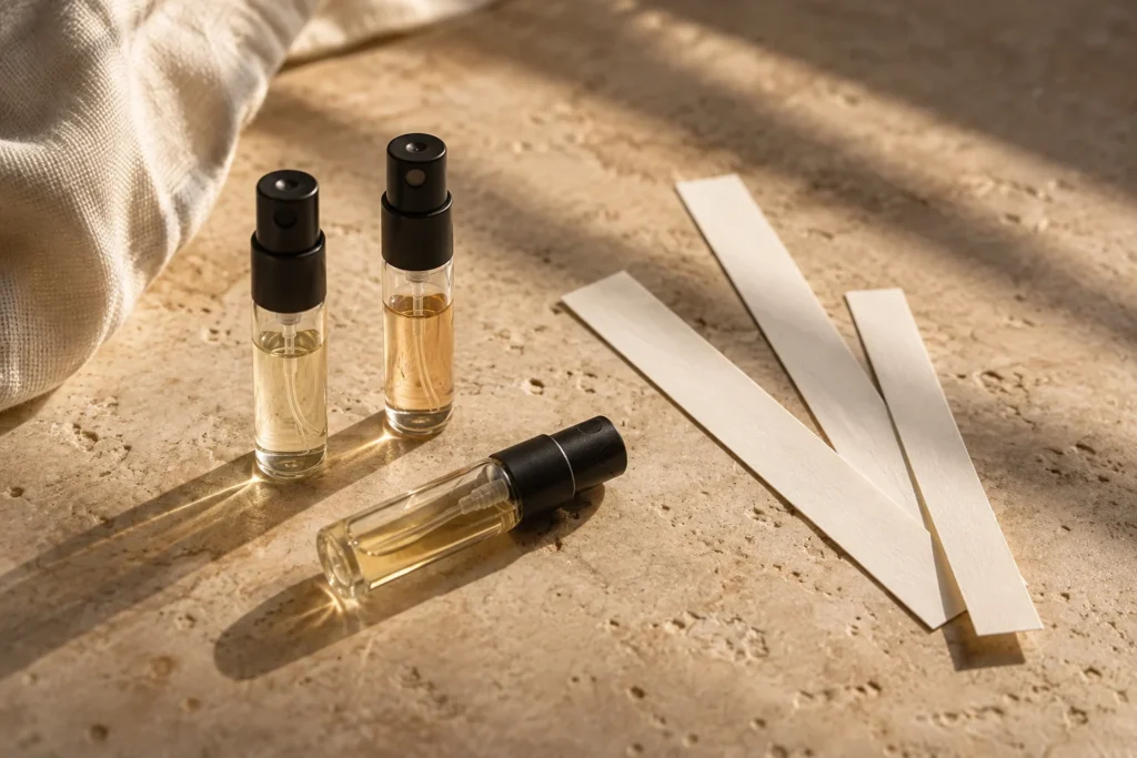 Three small perfume sample sprays beside blank blotter strips