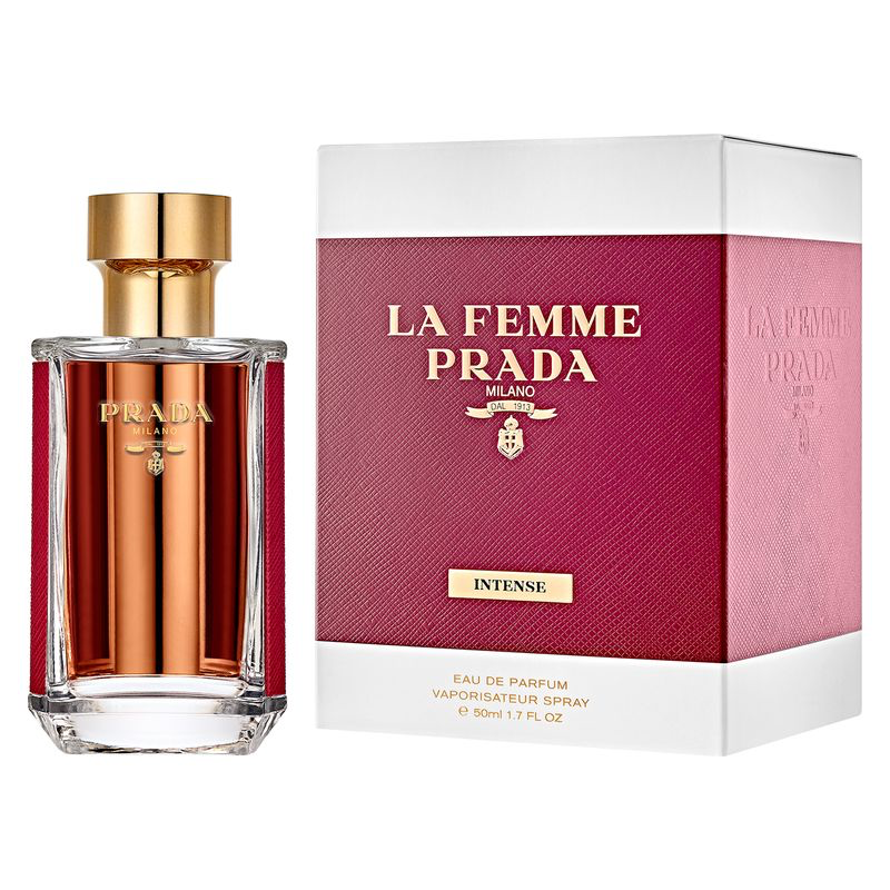 Prada La Femme Intense Eau de Parfum bottle beside its burgundy and white box