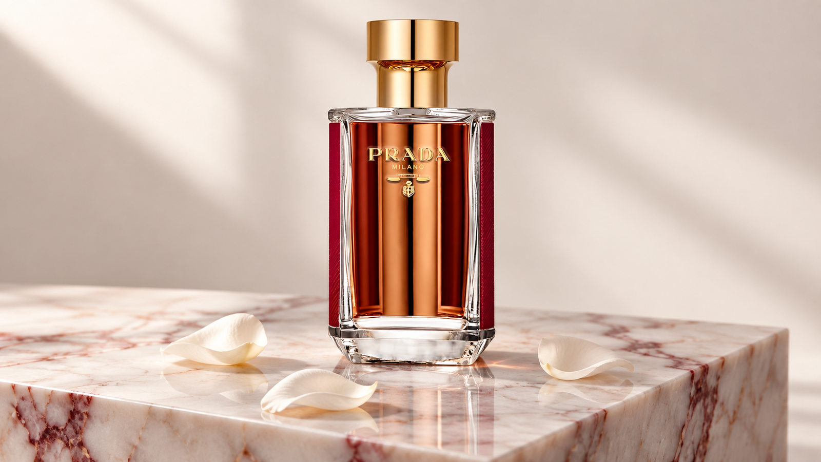 Prada La Femme Intense bottle on a white marble pedestal with three white petals