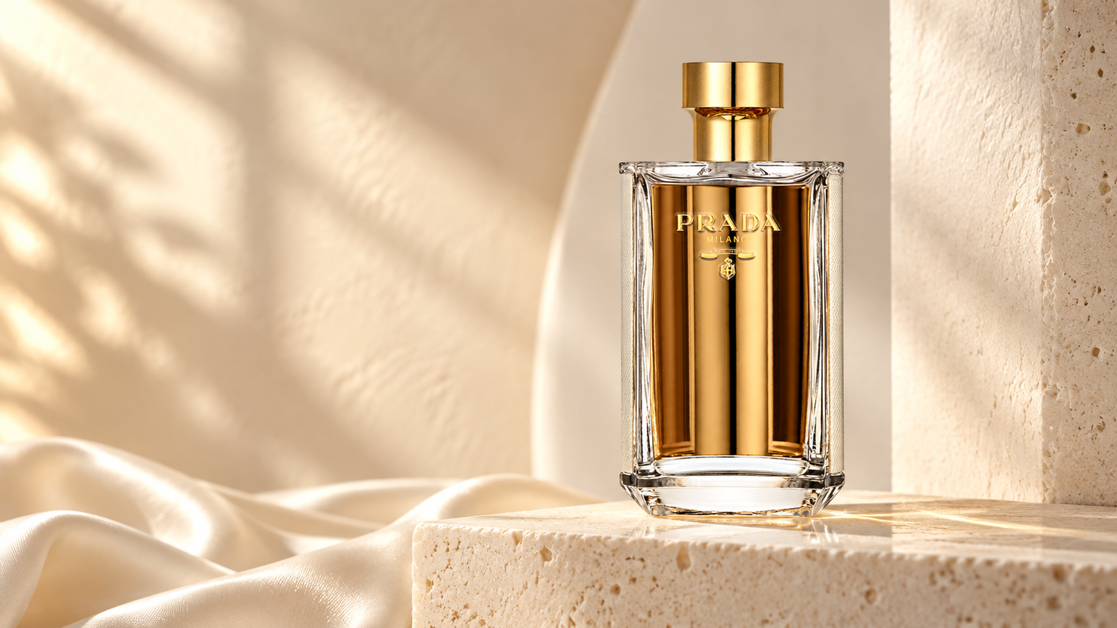Prada La Femme perfume bottle on a pale stone plinth with ivory silk and warm sunlight