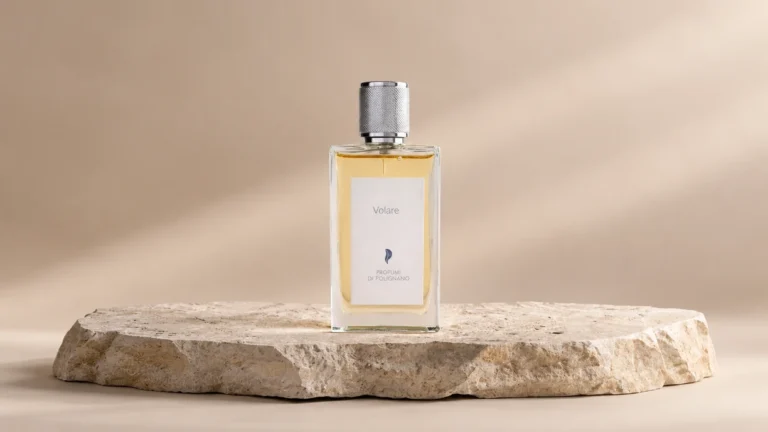 Profumi di Polignano Volare Eau de Parfum bottle on a pale stone slab.