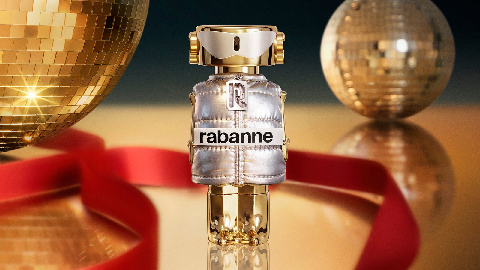 Rabanne Fame Winter Crush limited edition perfume bottle with silver puffer jacket