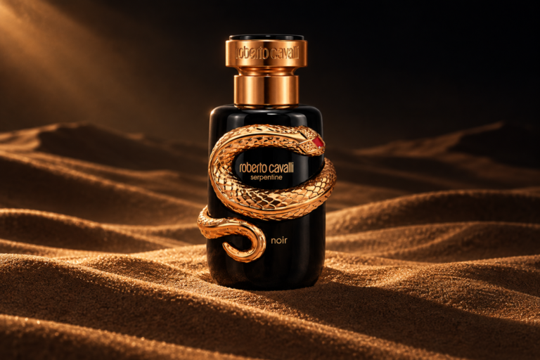 Roberto Cavalli Serpentine Noir review cover with the black and gold perfume bottle