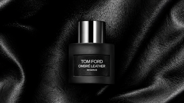 Tom Ford Ombré Leather Reserve bottle on black leather