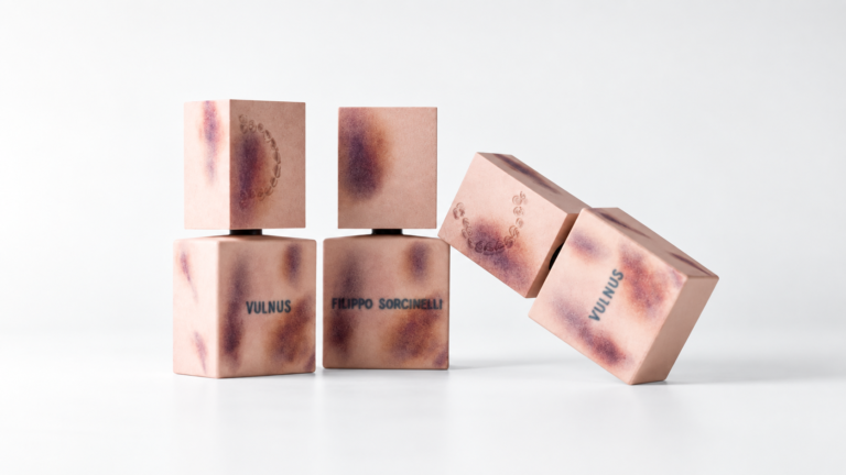 Vulnus by Filippo Sorcinelli, group of extrait de parfum bottles with mottled pink ceramic finish