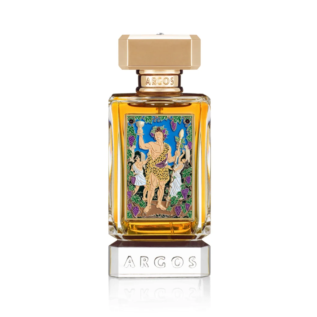 Front view of the Argos La Dolce Vita di Bacchus 100 ml extrait de parfum bottle with gold cap and illustrated label.