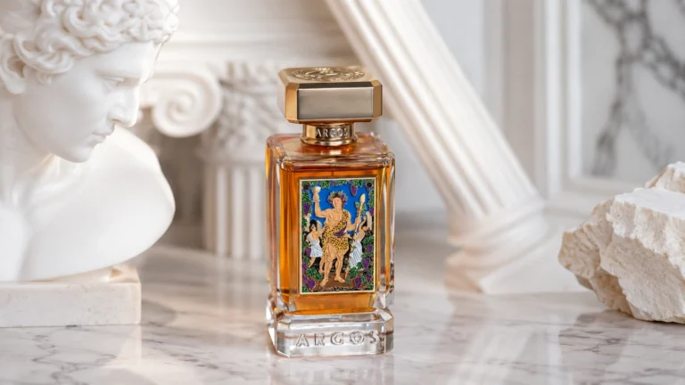 Argos La Dolce Vita di Bacchus perfume displayed among classical marble sculptures and architectural details.