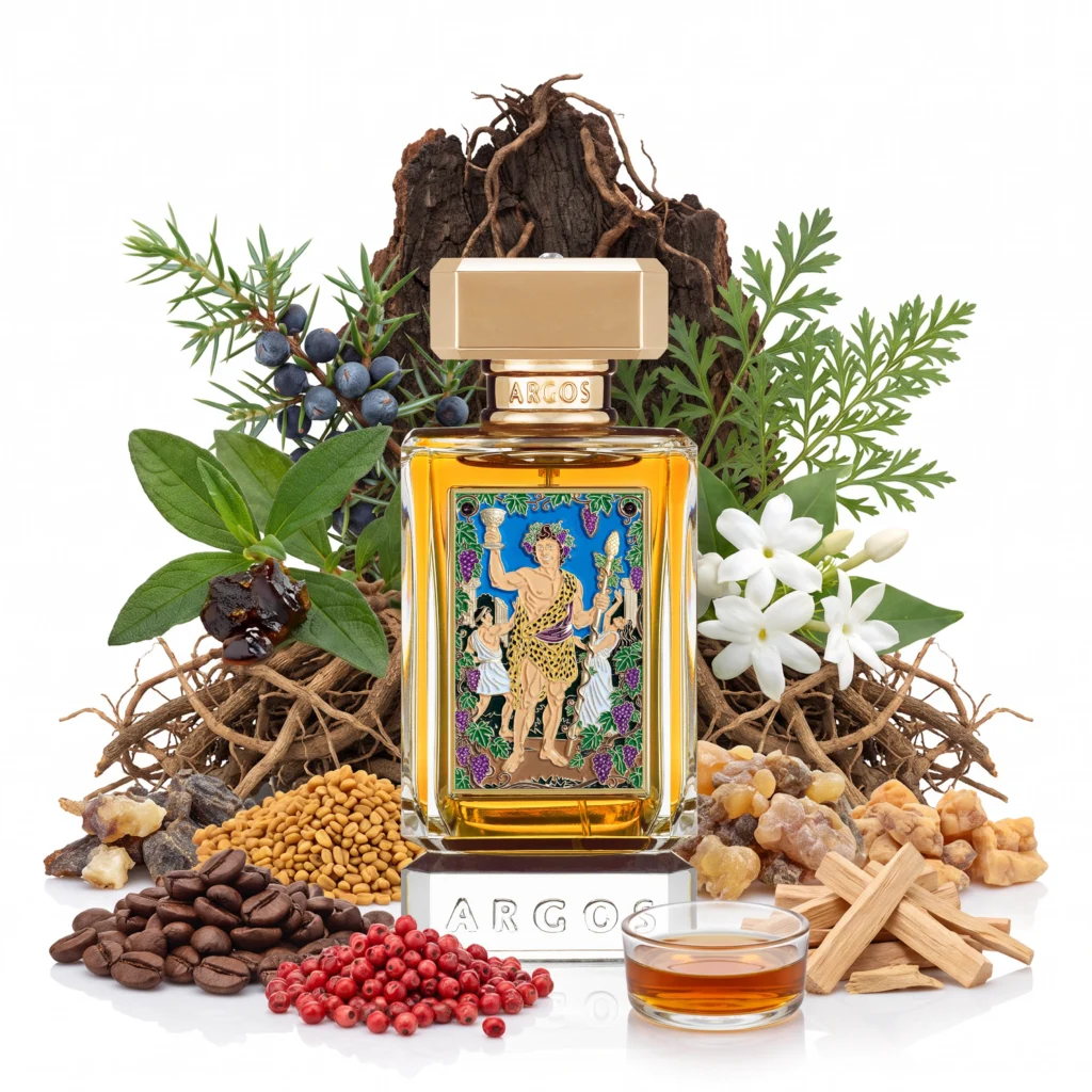 Argos La Dolce Vita di Bacchus perfume surrounded by ingredients representing its coffee, rum, aromatic and woody fragrance notes.