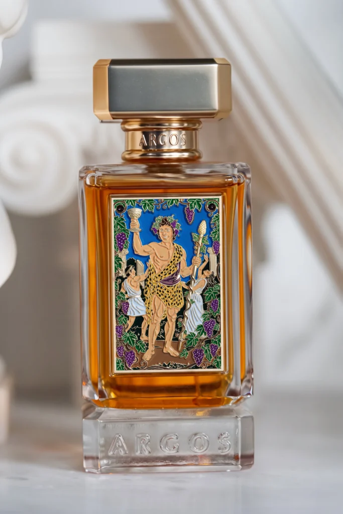 Argos La Dolce Vita di Bacchus extrait de parfum bottle featuring a colorful Bacchus illustration and golden cap.