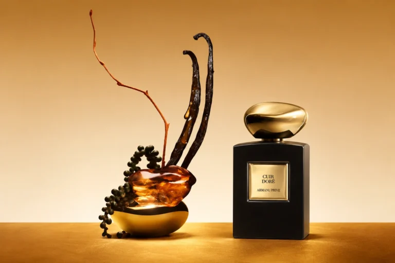 Armani Privé Cuir Doré perfume bottle beside an artistic arrangement of vanilla pods, amber and botanical elements
