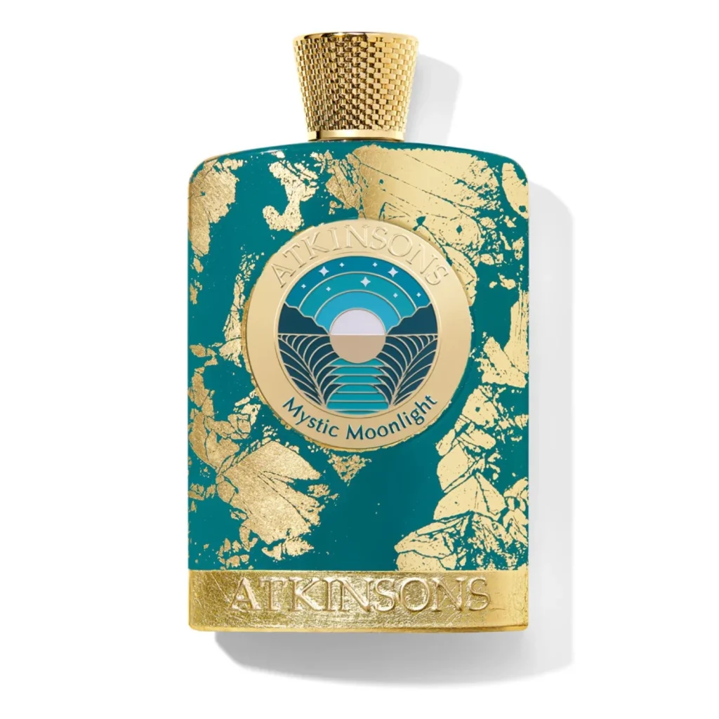 Atkinsons Mystic Moonlight perfume bottle with turquoise and gold decorations, created by Jordi Fernández