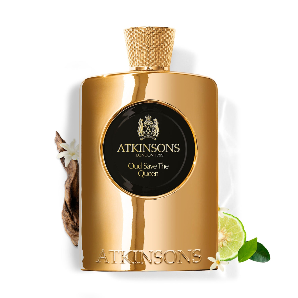 Atkinsons Oud Save the Queen bottle with oud wood, citrus and white flowers