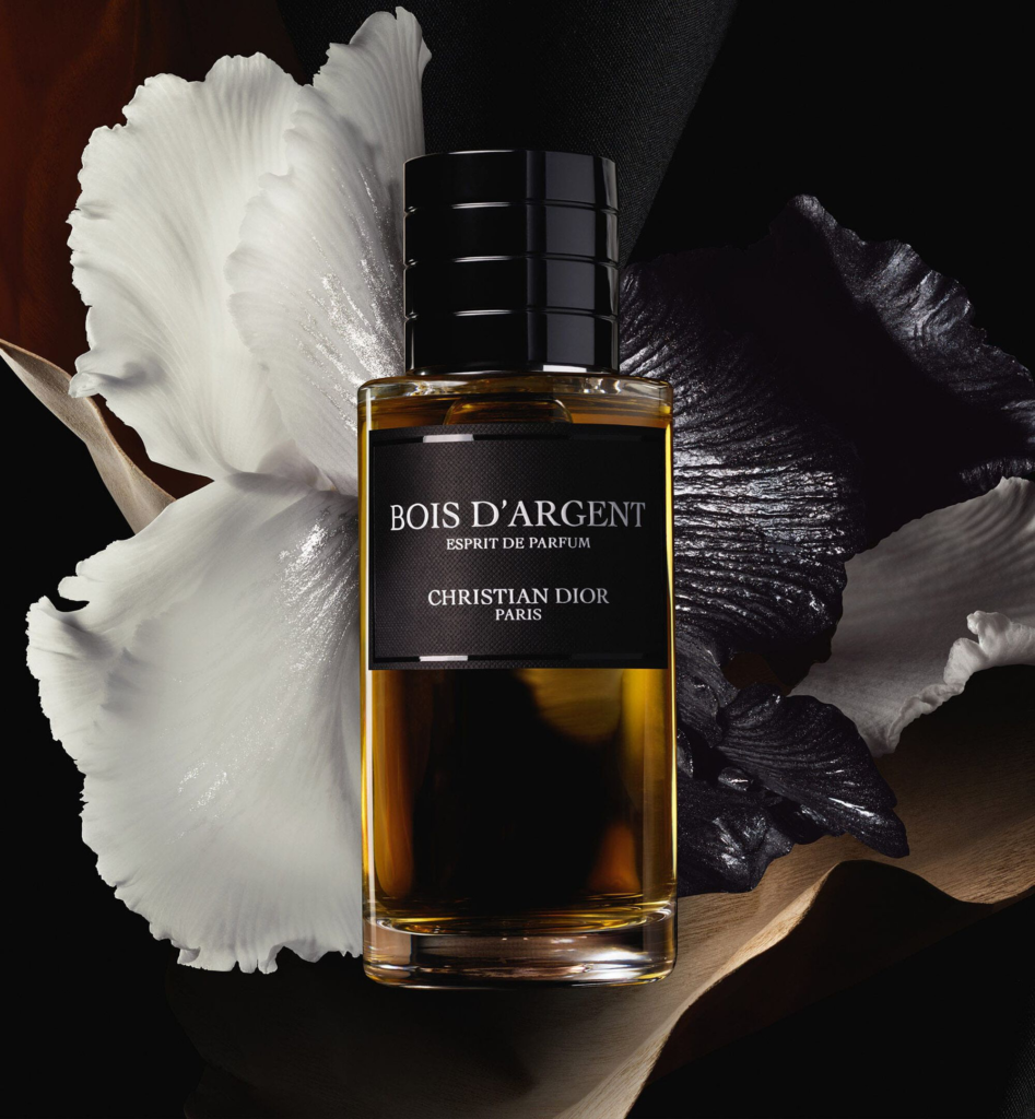 Bois d’Argent Esprit de Parfum bottle with sculptural white petals