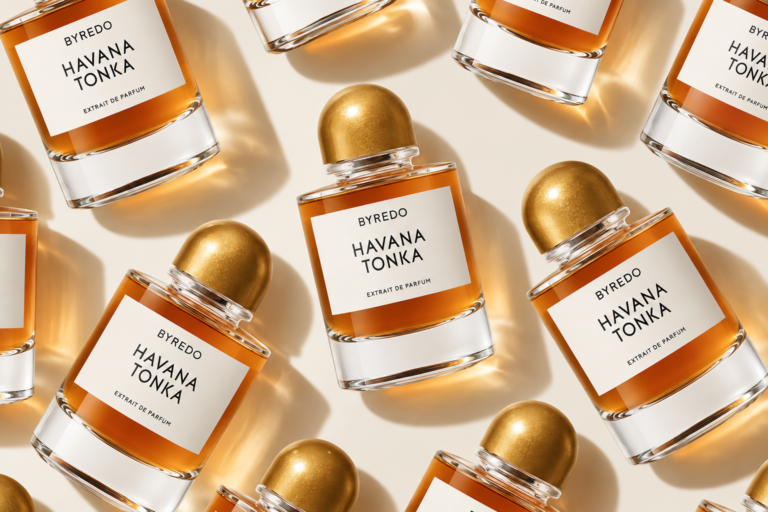 Byredo Havana Tonka Extrait de Parfum bottles in a golden pattern