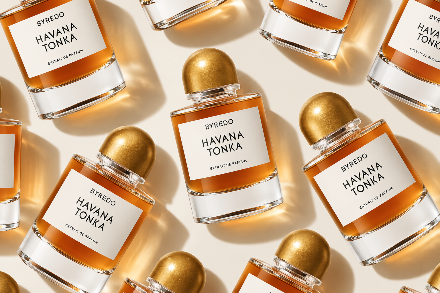 Byredo Havana Tonka Extrait de Parfum bottles in a golden pattern