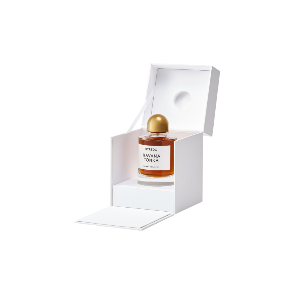 Byredo Havana Tonka bottle displayed inside its Night Veils presentation box