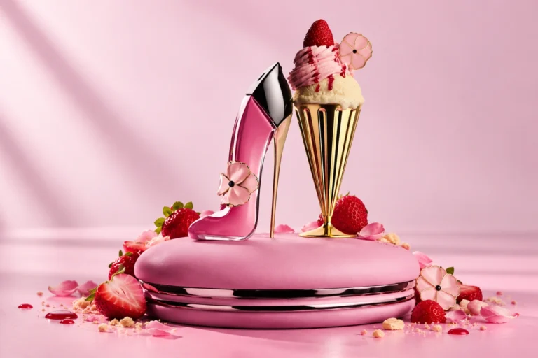 Carolina Herrera Good Girl Blush Delight pink stiletto perfume bottle beside a strawberry and vanilla dessert on a pink background.