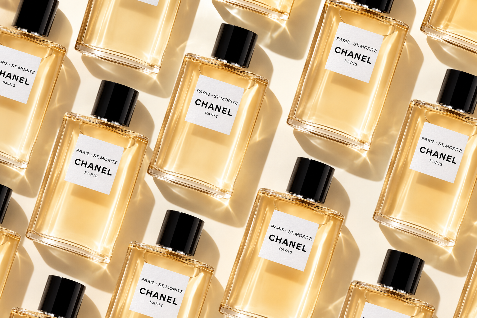 Chanel Paris–St. Moritz 2026 perfume bottles in a repeating editorial pattern