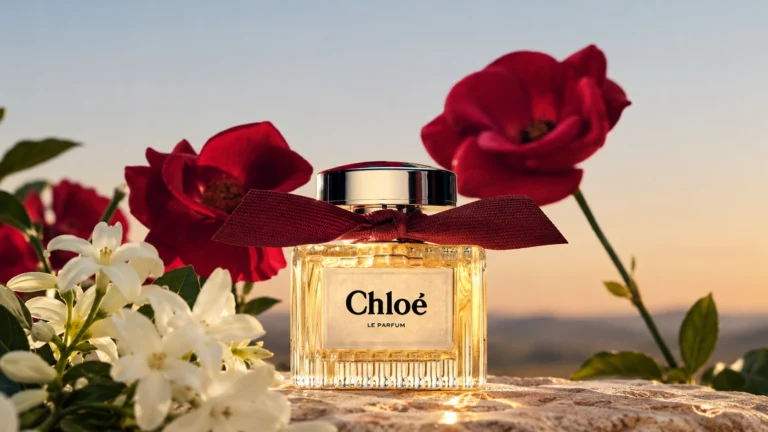 Chloé Le Parfum bottle surrounded by red roses and white flowers in warm evening light