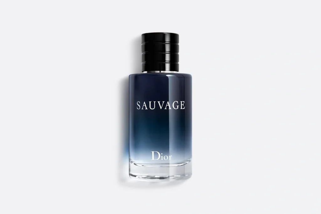 Dior Sauvage Eau de Toilette fragrance bottle with its signature dark blue gradient glass and black cylindrical cap.