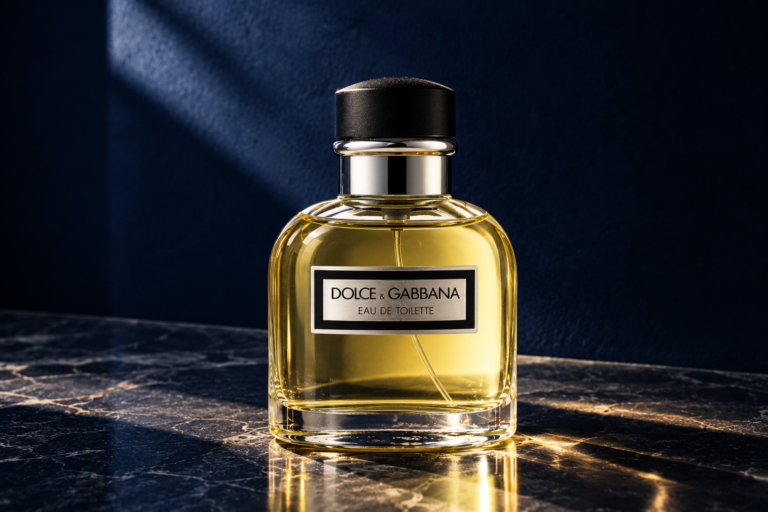 Dolce & Gabbana Pour Homme original bottle on a dark blue editorial background