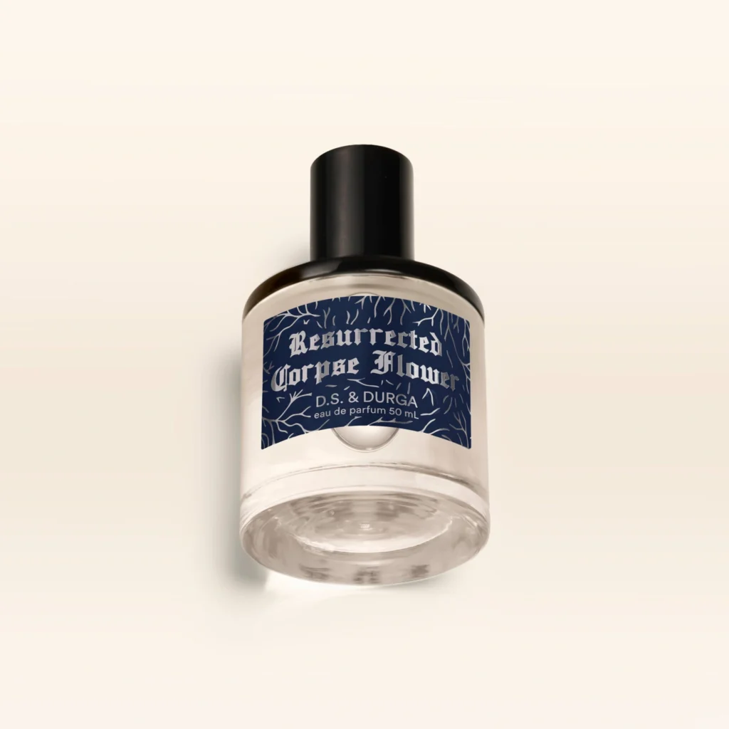 D.S. & DURGA Resurrected Corpse Flower Eau de Parfum 50 ml bottle with dark blue botanical label and black cap.