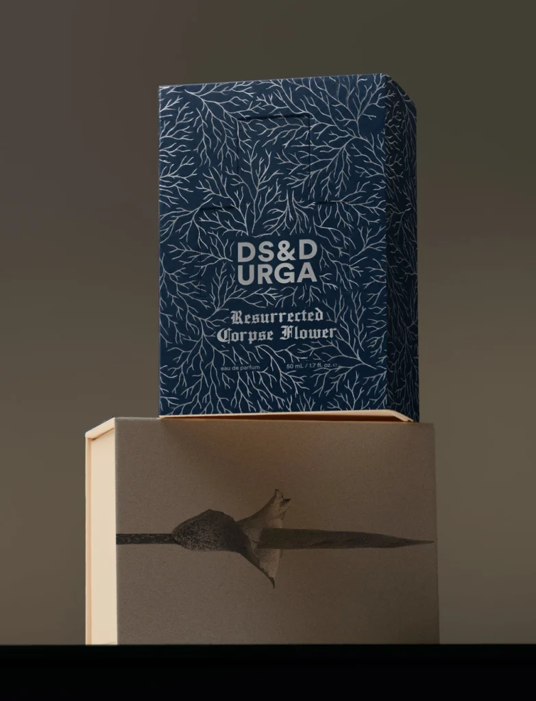 D.S. & DURGA Resurrected Corpse Flower packaging featuring dark blue botanical illustrations and white branching patterns.