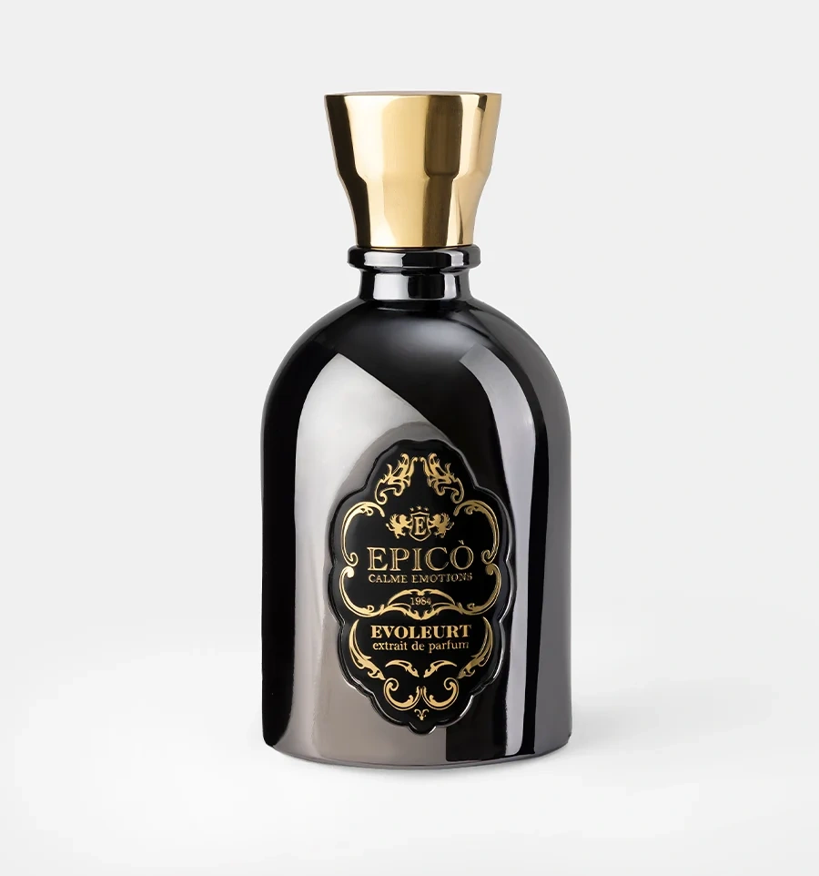 Epicò Evoleurt Extrait de Parfum black bottle with a gold cap and ornate label