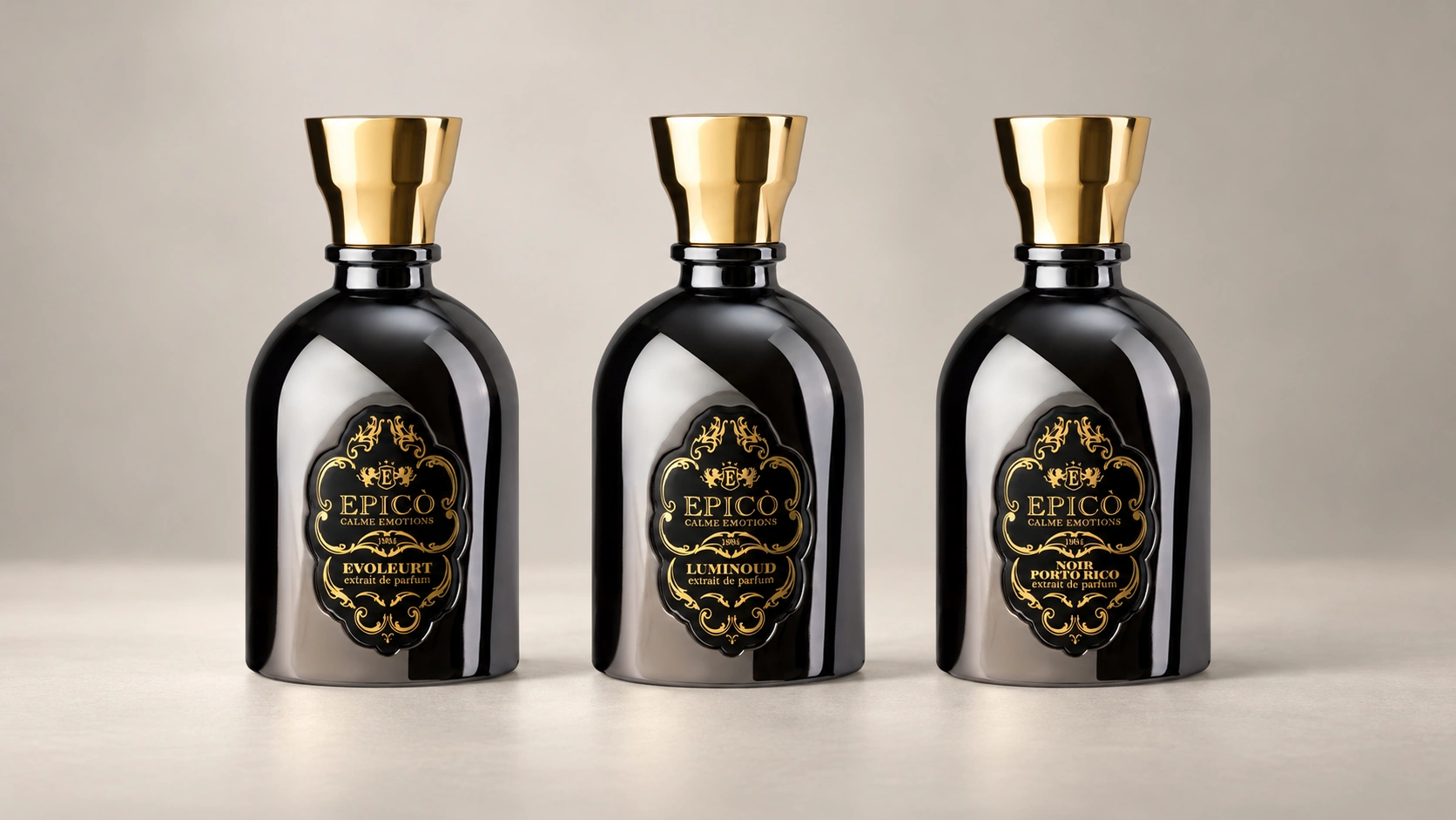 Epicò Extrait de Parfum bottles Evoleurt, Luminoud and Noir Porto Rico in a black-and-gold trio