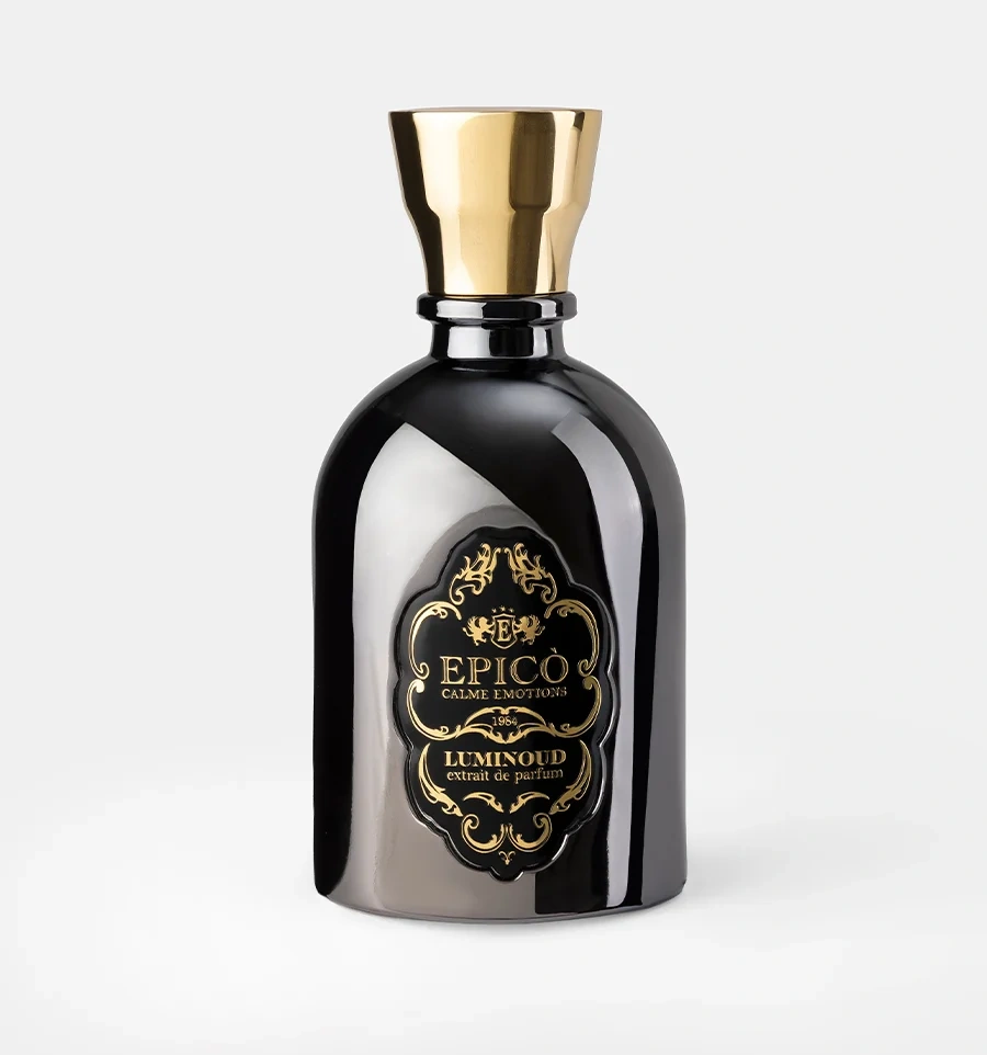 Epicò Luminoud Extrait de Parfum black bottle with a gold cap and decorative label