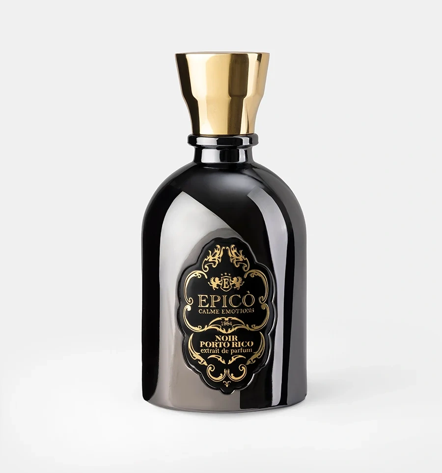 Epicò Noir Porto Rico Extrait de Parfum black bottle with a gold cap