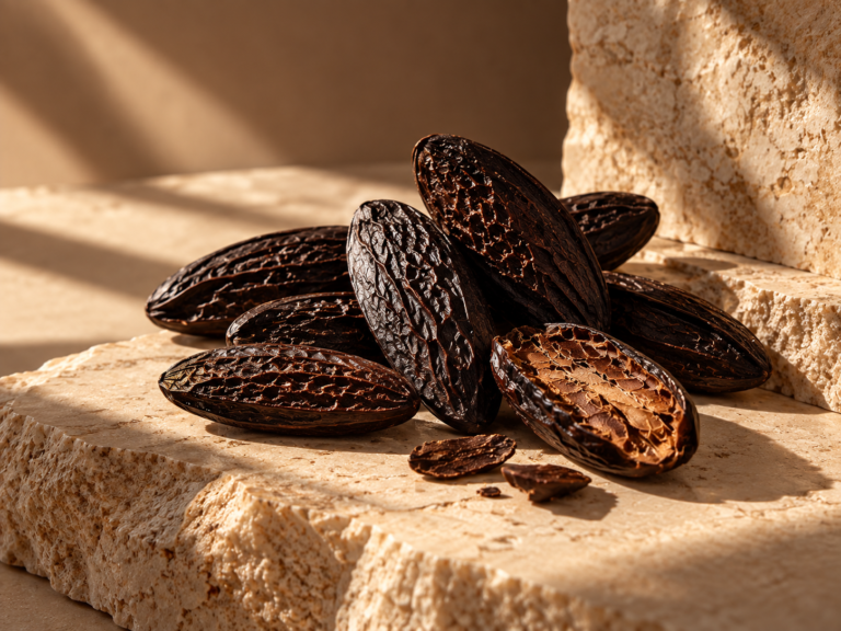 Tonka bean in perfumery, with dried tonka beans arranged on warm stone