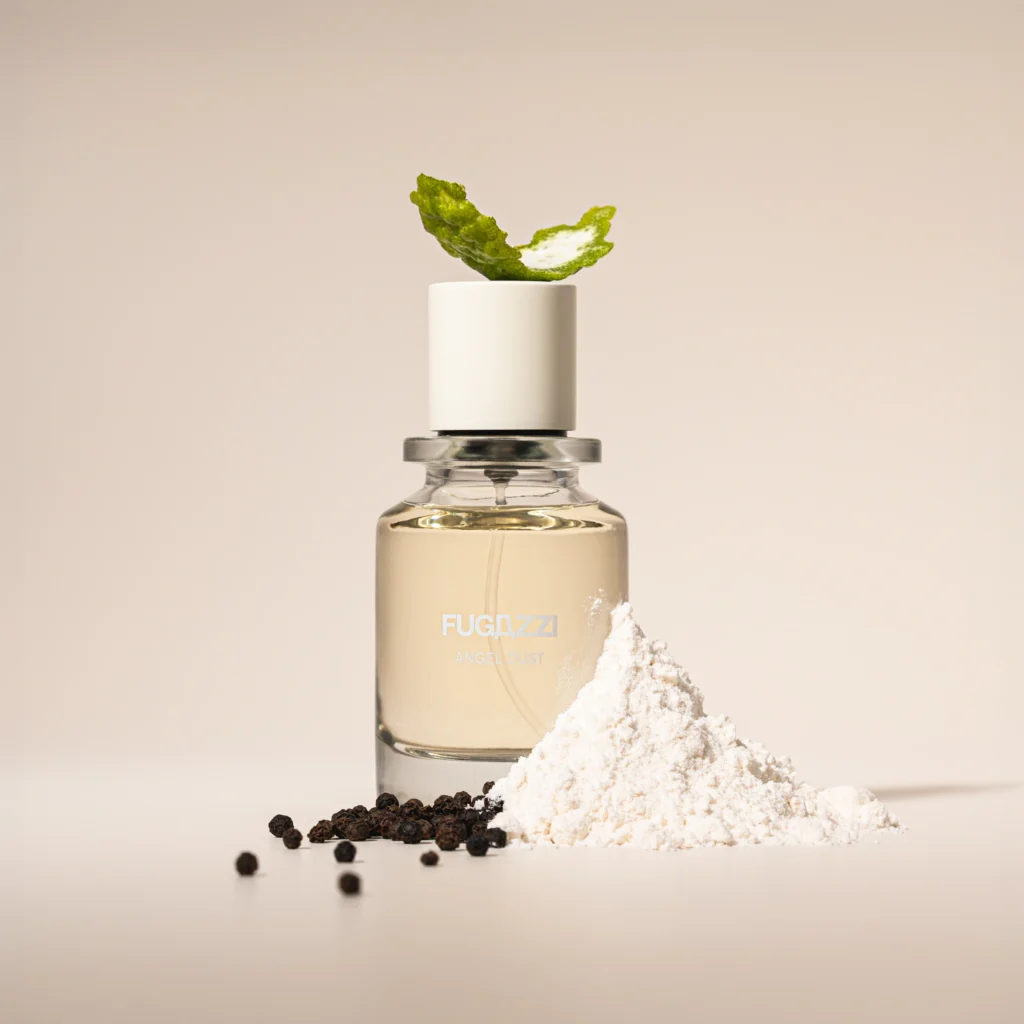 Fugazzi Angel Dust Eau de Parfum bottle with white cap, citrus peel and powder