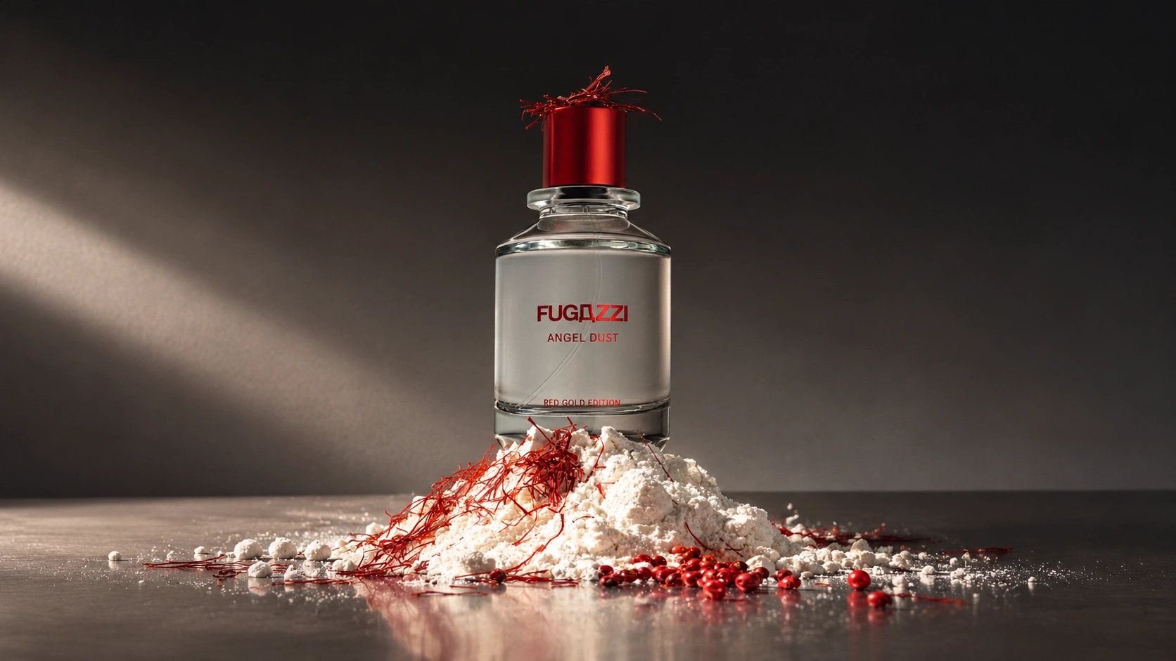 Fugazzi Angel Dust Red Gold Edition perfume bottle in a dark setting with saffron and white powder
