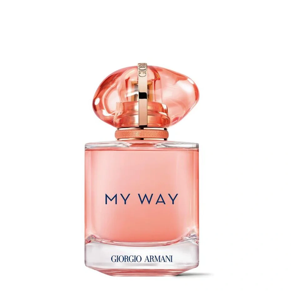 Giorgio Armani My Way Ylang Eau de Parfum bottle featuring soft pink glass and a translucent coral-pink cap.