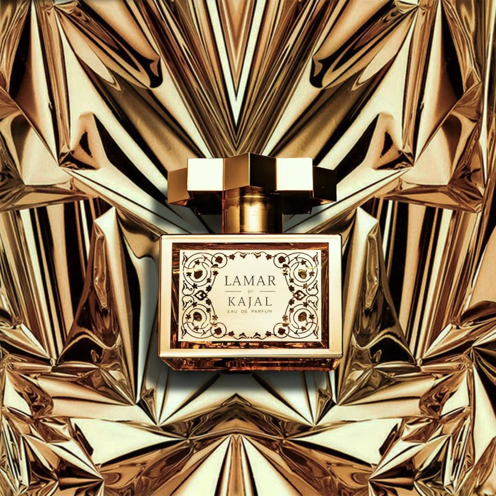 Lamar by Kajal Eau de Parfum displayed against an elaborate geometric gold background.