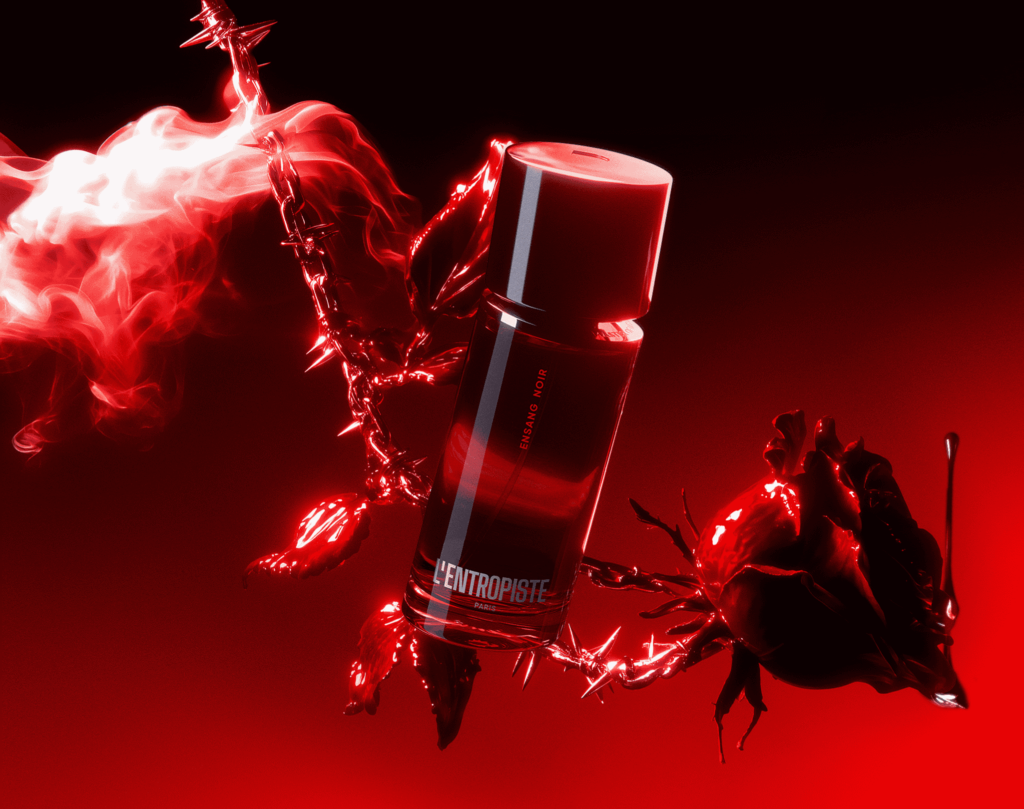 L'Entropiste Ensang Noir perfume bottle in a dramatic red campaign scene