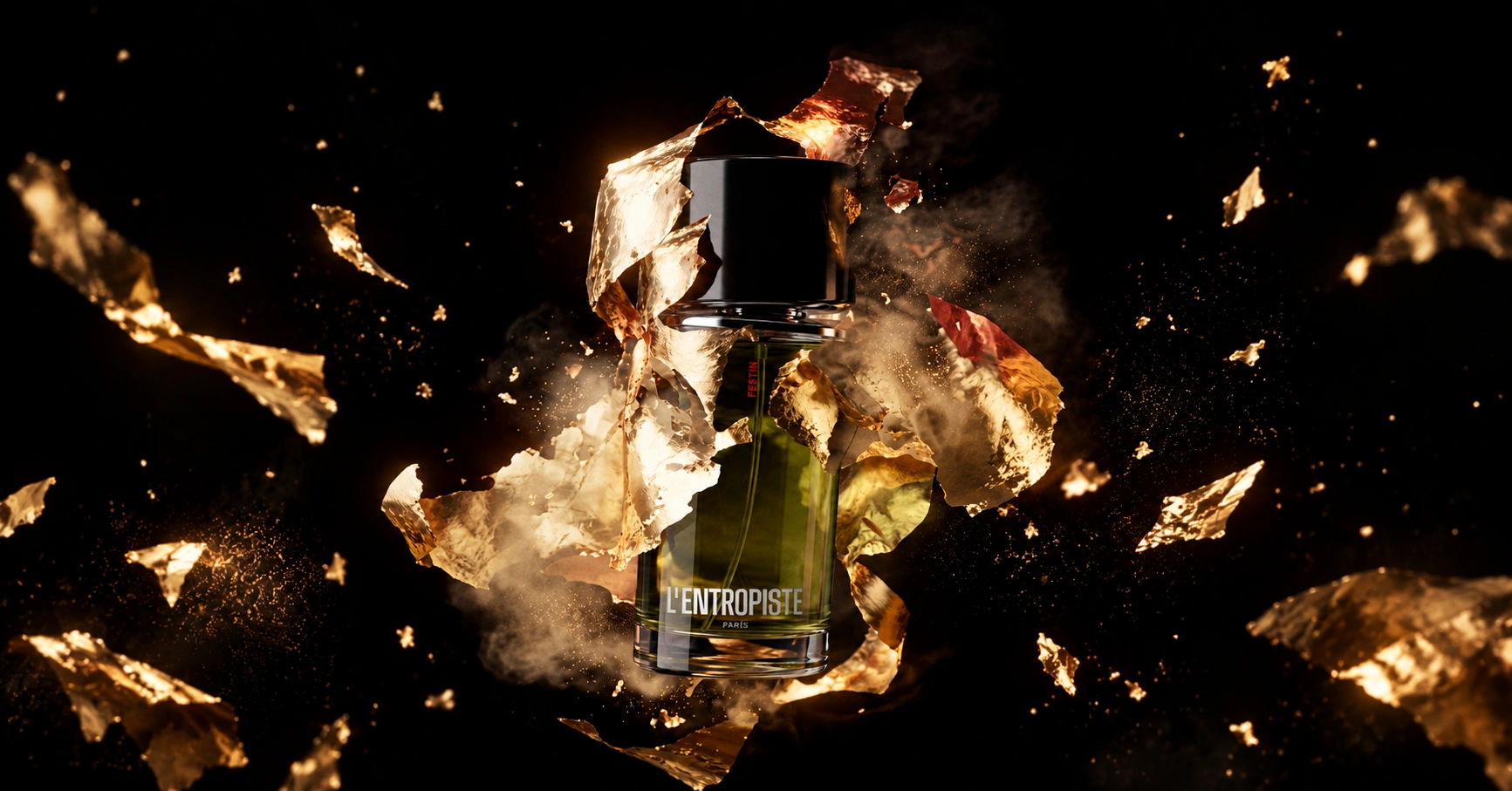 L’Entropiste Festin perfume surrounded by gold fragments on a black background