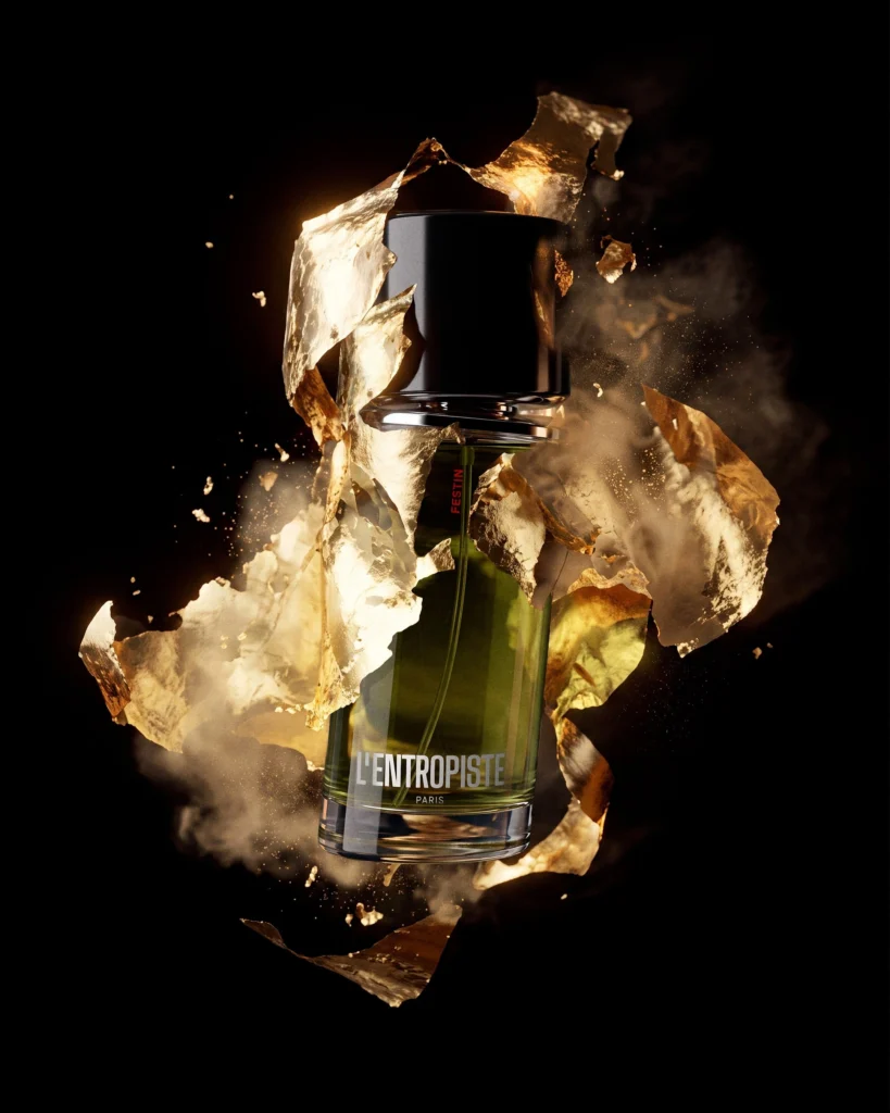 L’Entropiste Festin surrounded by torn gold leaf and smoke