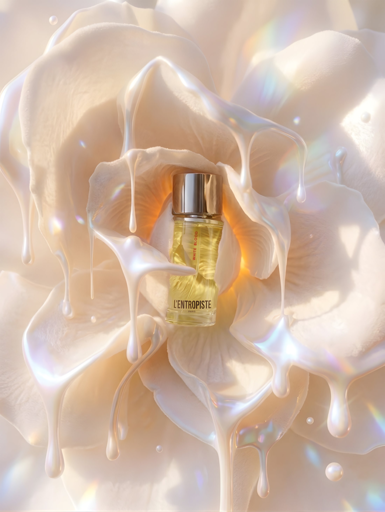L'Entropiste White Blood perfume bottle surrounded by luminous white petals