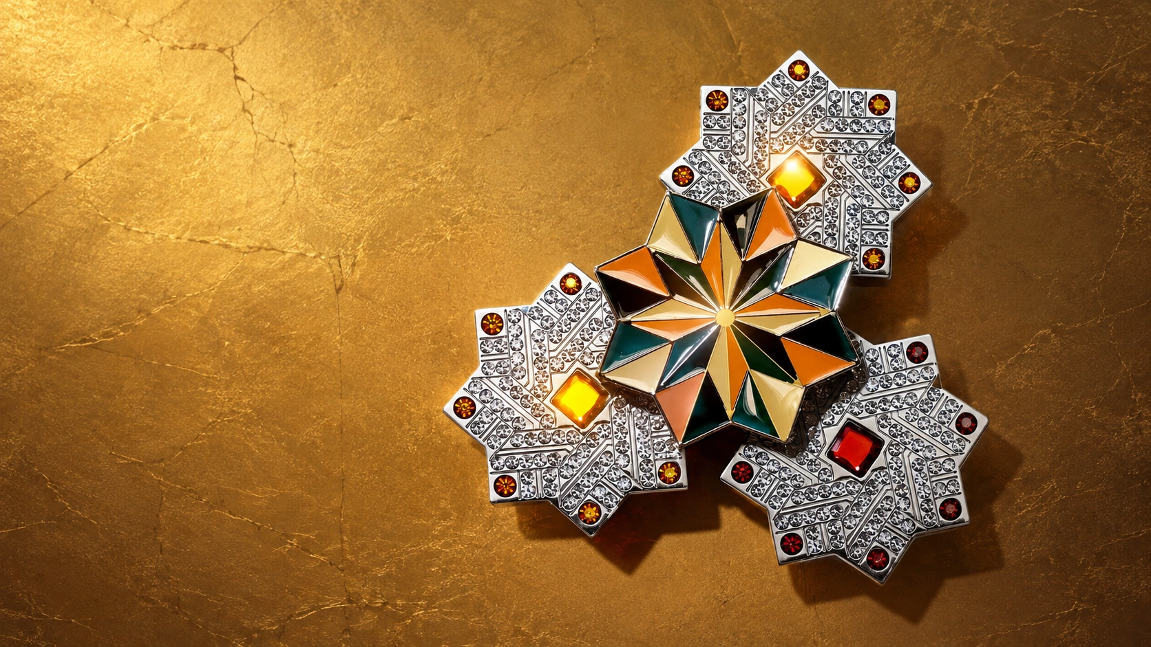 Ornate geometric star ornaments with sparkling crystals and colored gemstones on a golden background, illustrating an interview with Kajal co-founder Moe Khalaf.
